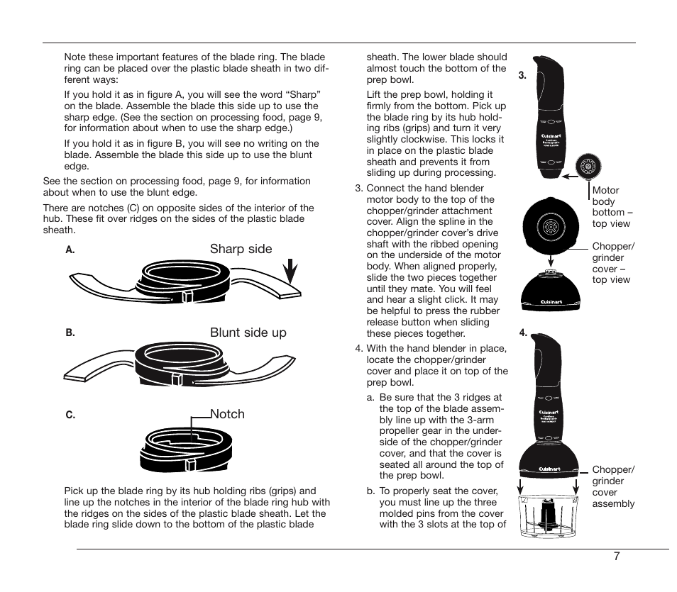 Sharp side, Blunt side up, Notch | Cuisinart CSB-78 User Manual | Page 7 / 13