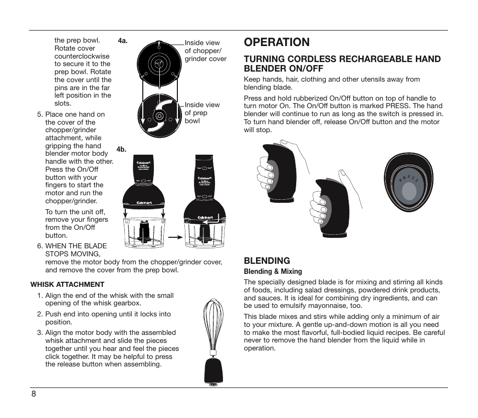 Operation, Turning cordless rechargeable hand blender on/off, Blending | Cuisinart CSB-78 User Manual | Page 8 / 13