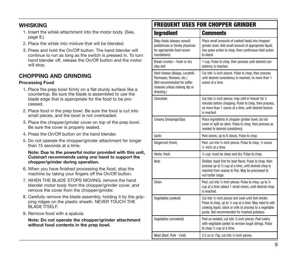 Whisking, Chopping and grinding | Cuisinart CSB-78 User Manual | Page 9 / 13