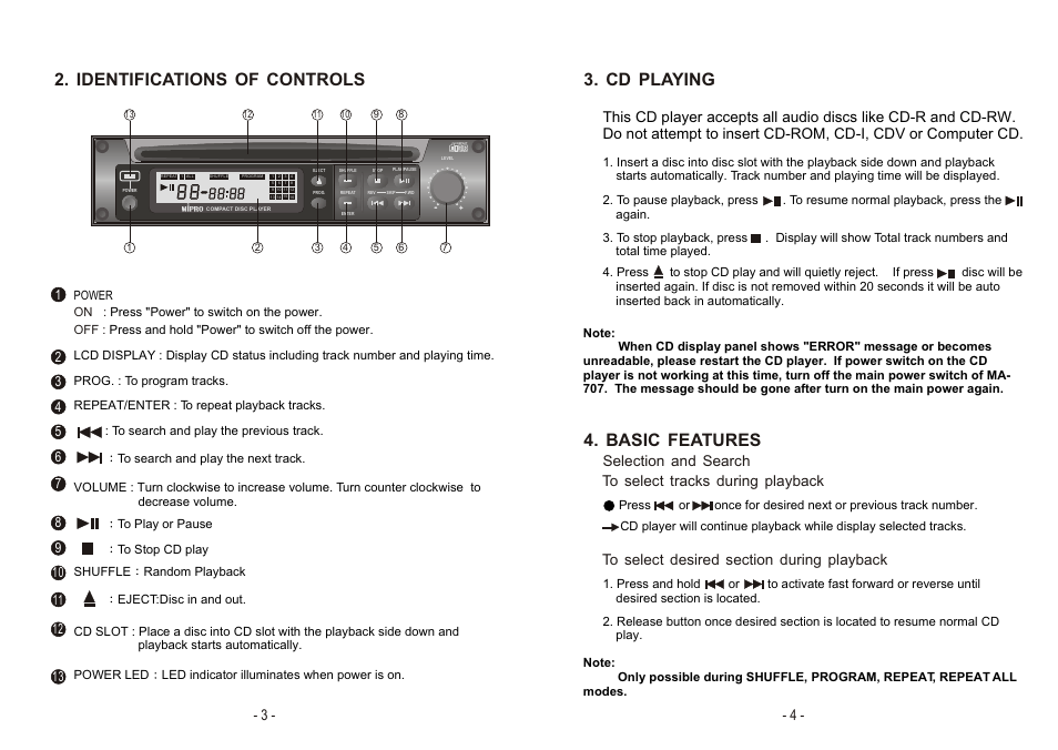 Identifications of controls, Cd playing 4. basic features | MIPRO cd-player User Manual | Page 3 / 5