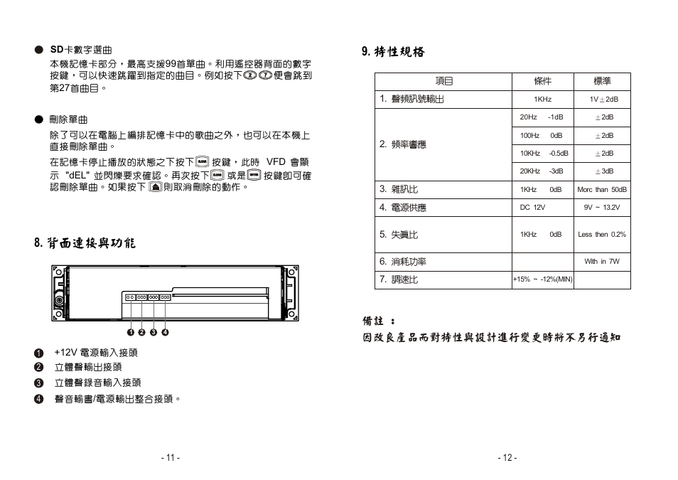 頁面 7, 背面連接與功能 9. 特性規格, 備註 : 因改良產品而對特性與設計進行變更時將不另行通知 | MIPRO cdm-3a User Manual | Page 7 / 7