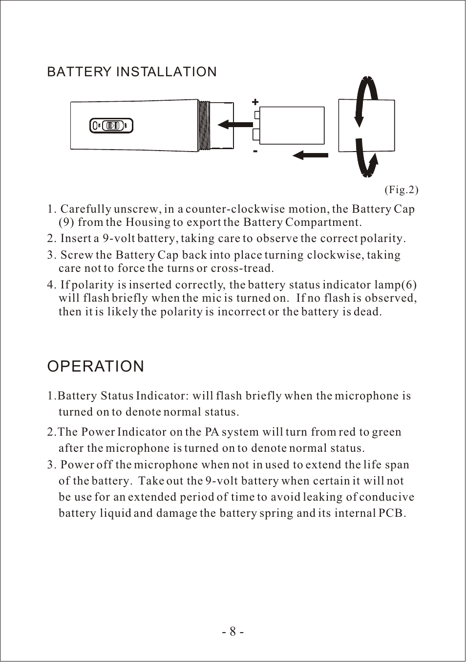 Operation, 8 - battery installation, Fig.2) | MIPRO ma101 User Manual | Page 11 / 15