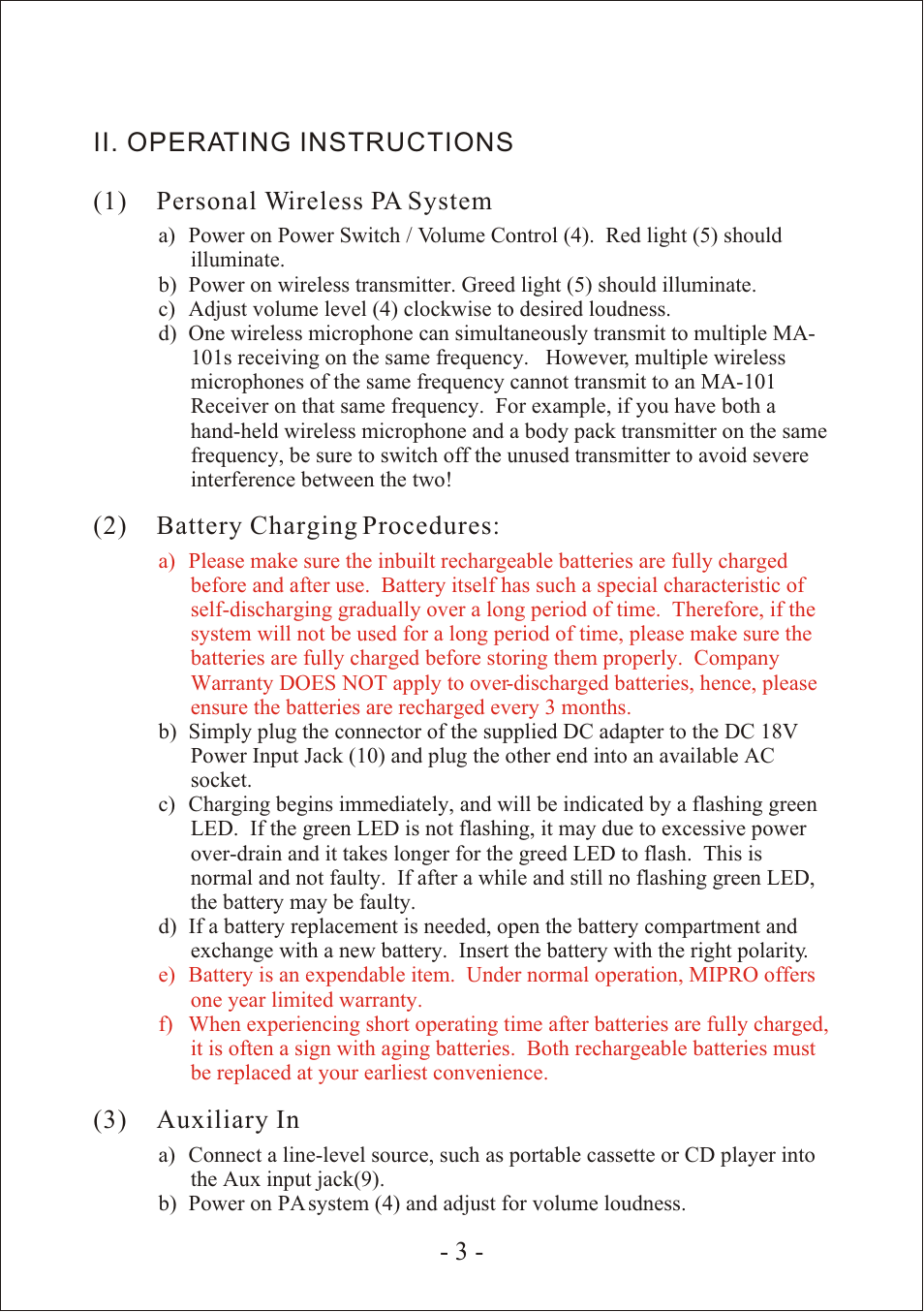 1) personal wireless pa system, 3) auxiliary in | MIPRO ma101 User Manual | Page 6 / 15