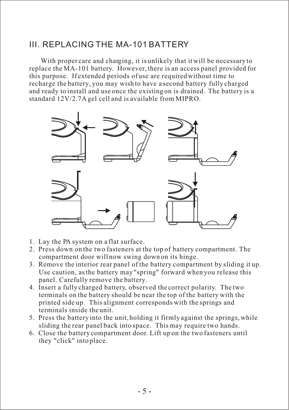 Iii. replacing the ma-101 battery | MIPRO ma101 User Manual | Page 8 / 15