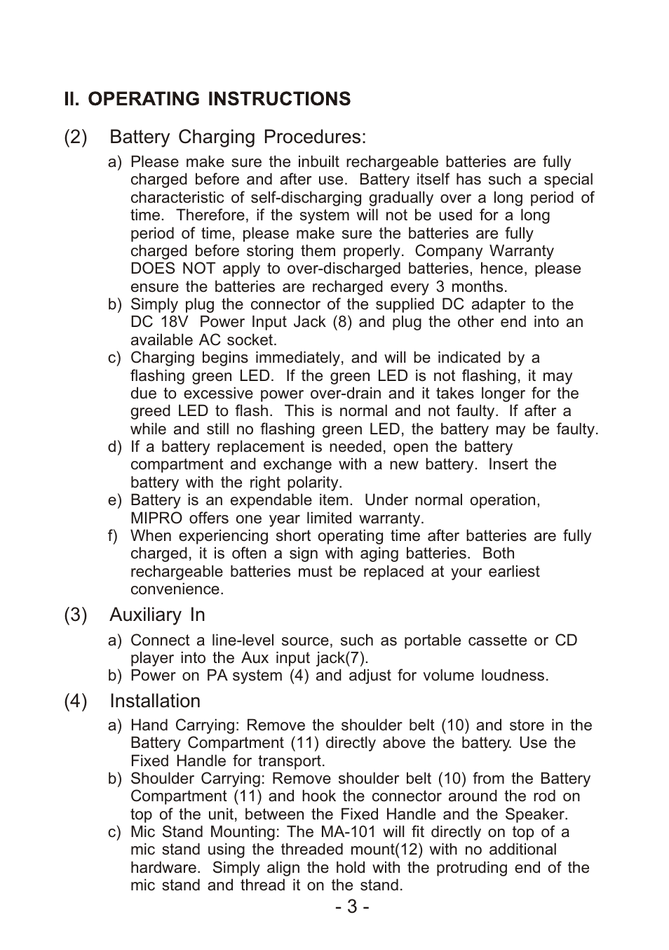 2) battery charging procedures, 3) auxiliary in, 4) installation | MIPRO ma101c User Manual | Page 6 / 11