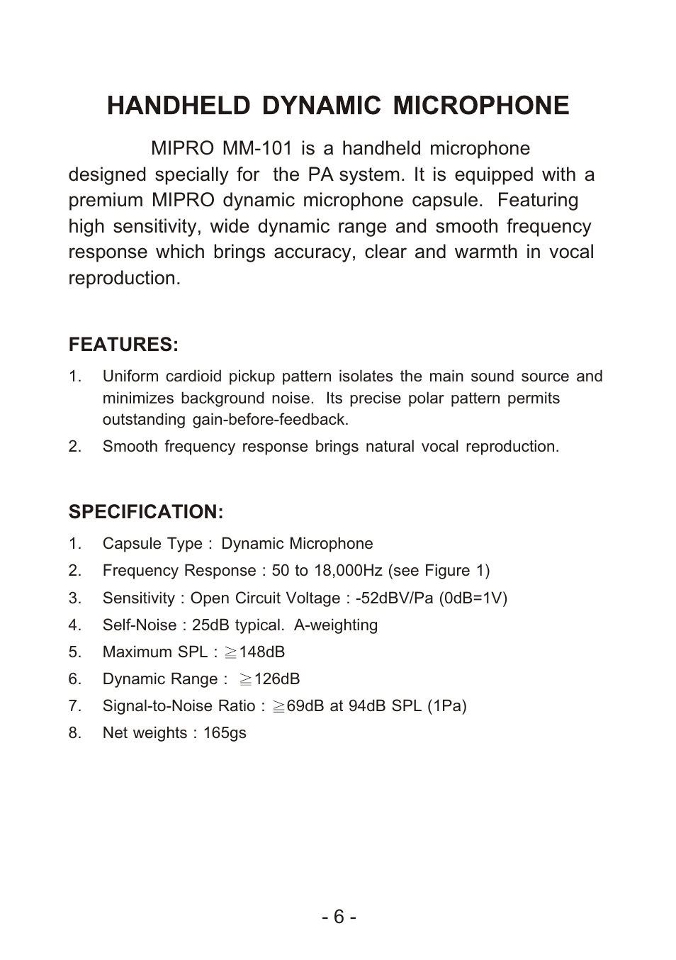 Features: specification | MIPRO ma101c User Manual | Page 9 / 11
