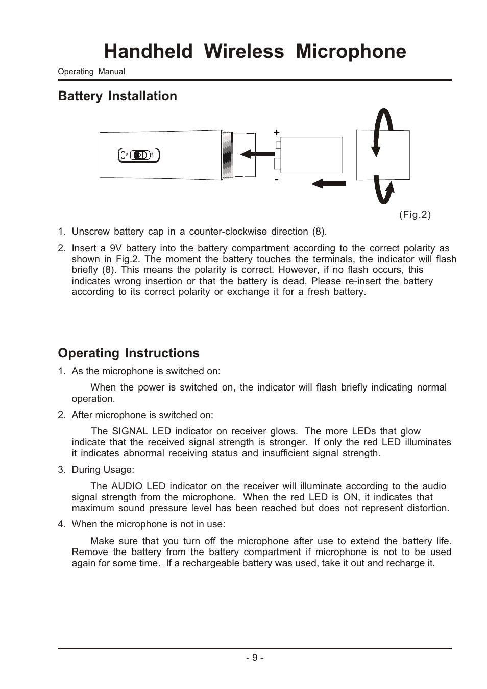 Handheld wireless microphone, Battery installation, Operating instructions | MIPRO ma707 User Manual | Page 11 / 20