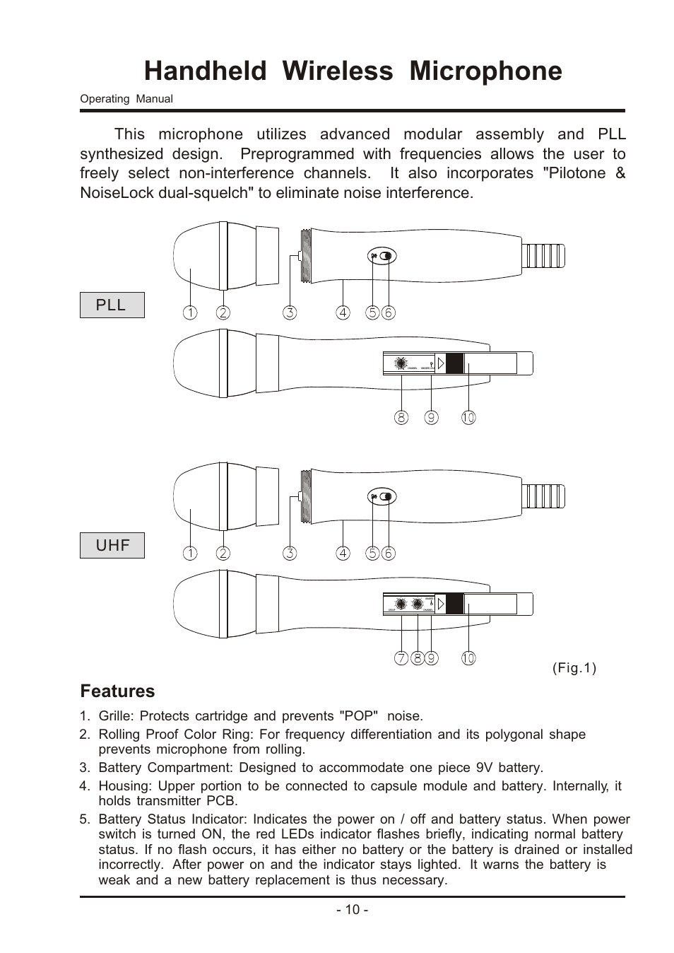 Handheld wireless microphone, Features, Pll uhf | Fig.1), Operating manual | MIPRO ma707 User Manual | Page 12 / 20