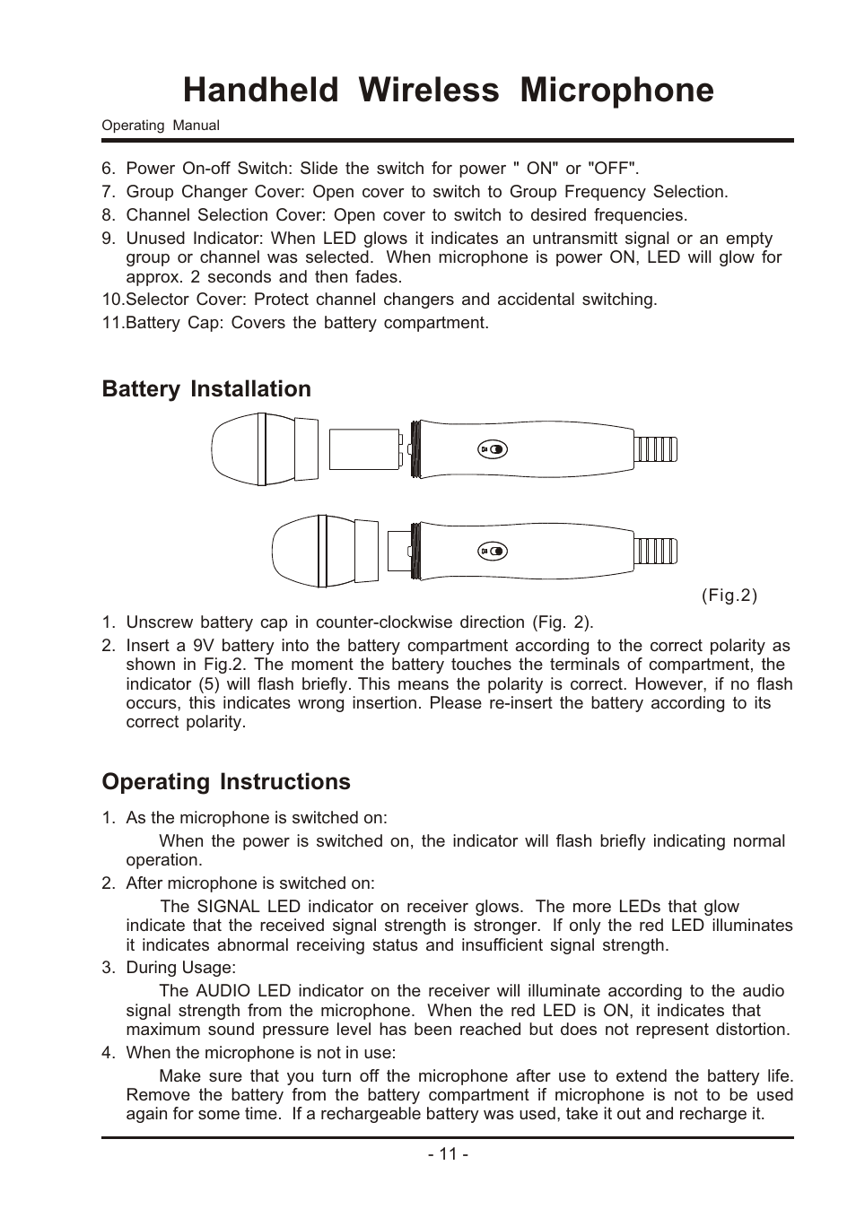 Handheld wireless microphone, Operating instructions, Battery installation | MIPRO ma707 User Manual | Page 13 / 20