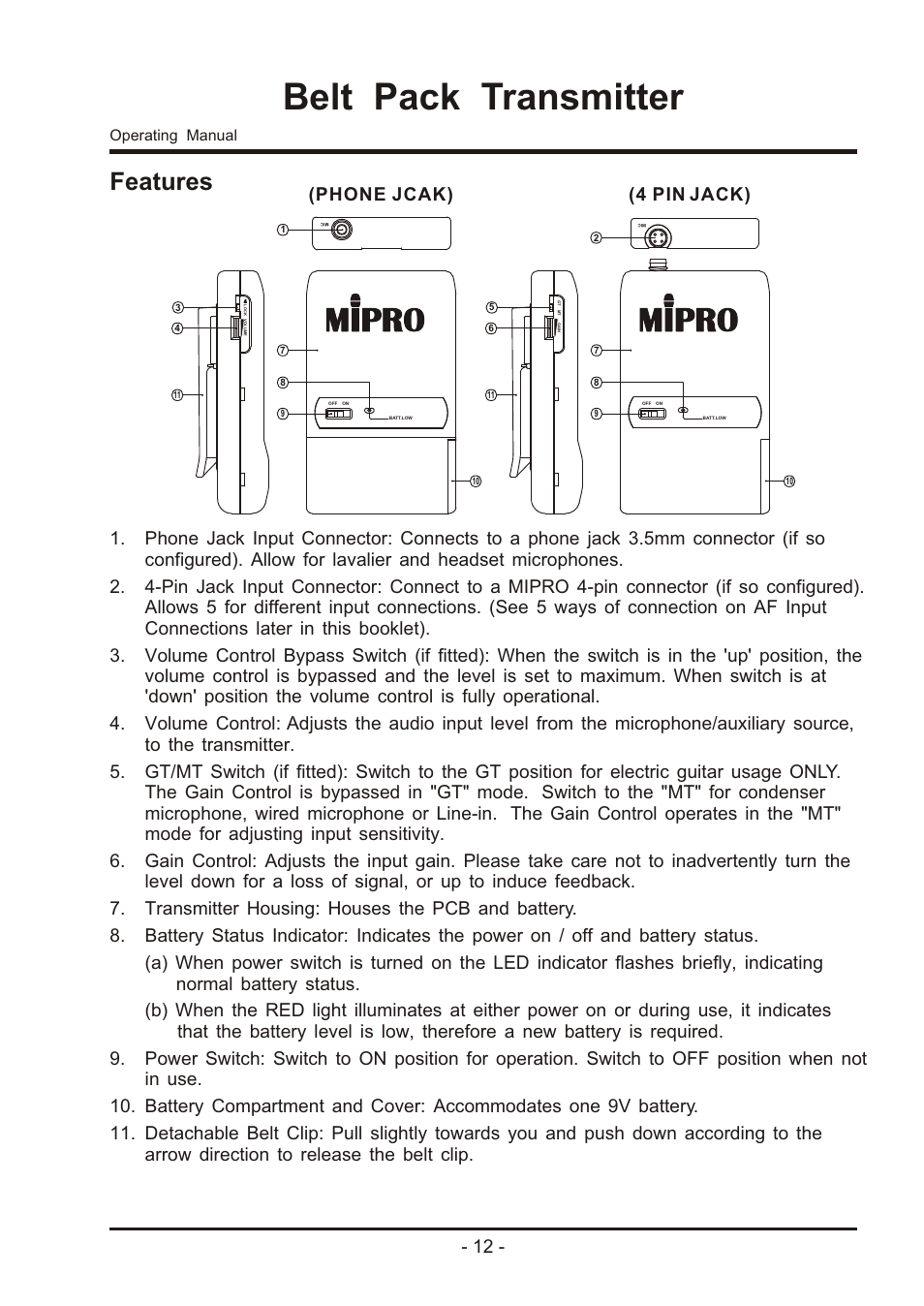 Belt pack transmitter, Features, 4 pin jack) (phone jcak) | Operating manual | MIPRO ma707 User Manual | Page 14 / 20