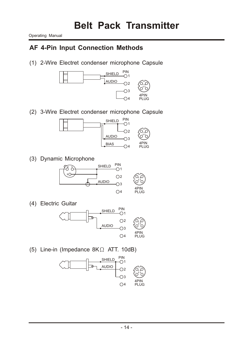 Belt pack transmitter, Af 4-pin input connection methods | MIPRO ma707 User Manual | Page 16 / 20