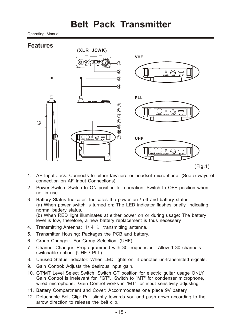 Belt pack transmitter, Features | MIPRO ma707 User Manual | Page 17 / 20