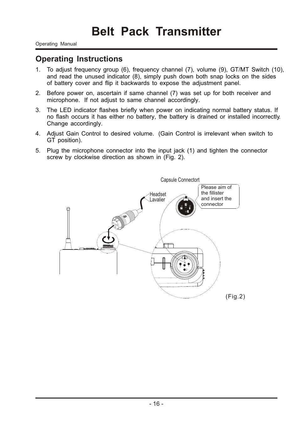 Belt pack transmitter, Operating instructions | MIPRO ma707 User Manual | Page 18 / 20