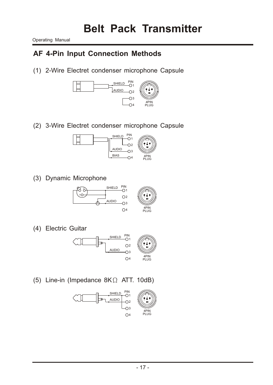 Belt pack transmitter, Af 4-pin input connection methods, Operating manual | MIPRO ma707 User Manual | Page 19 / 20