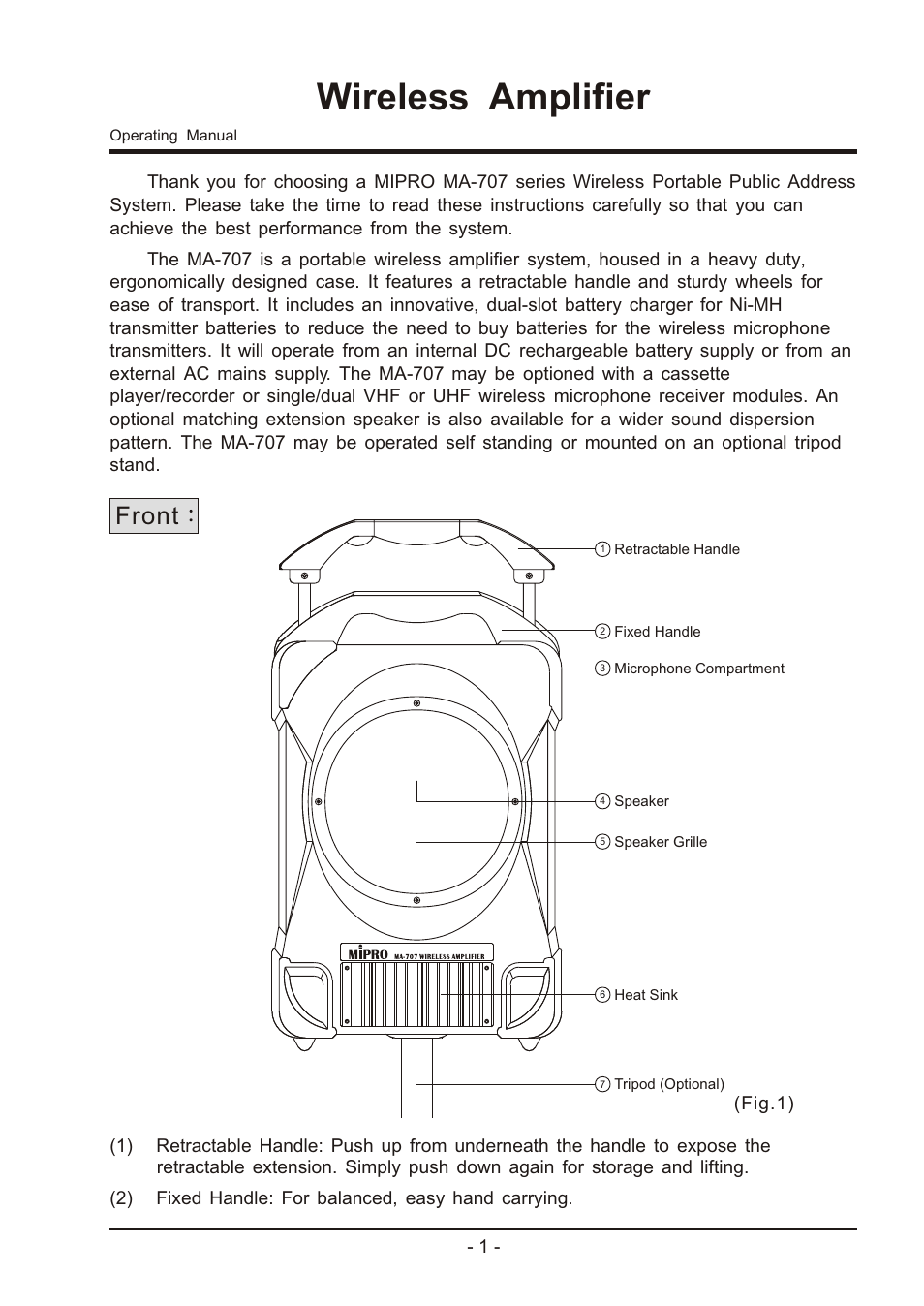 Wireless amplifier, Front | MIPRO ma707 User Manual | Page 3 / 20