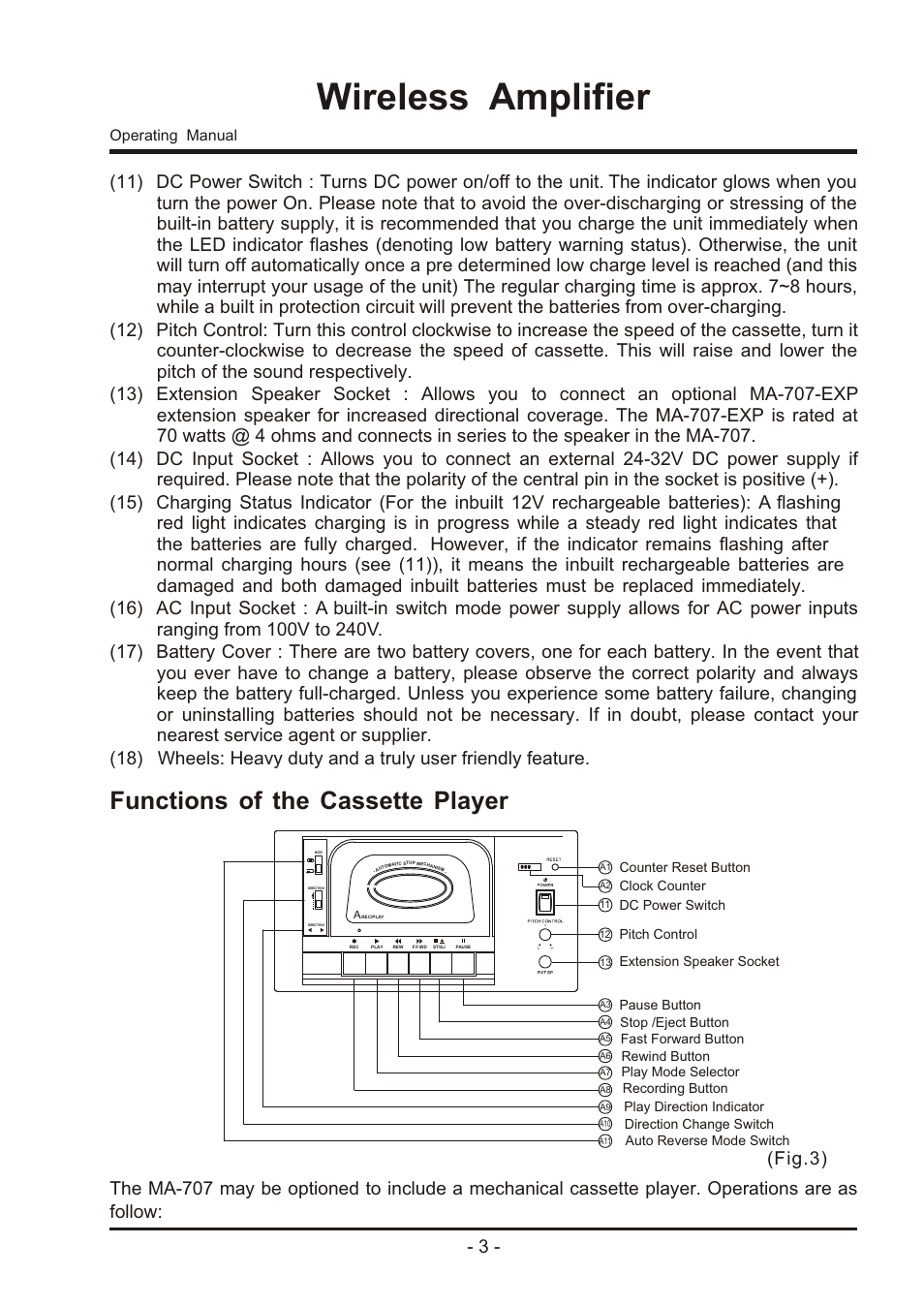 Wireless amplifier, Functions of the cassette player, Operating manual | MIPRO ma707 User Manual | Page 5 / 20