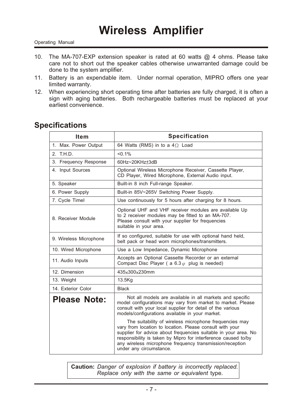 Wireless amplifier, Specifications | MIPRO ma707 User Manual | Page 9 / 20