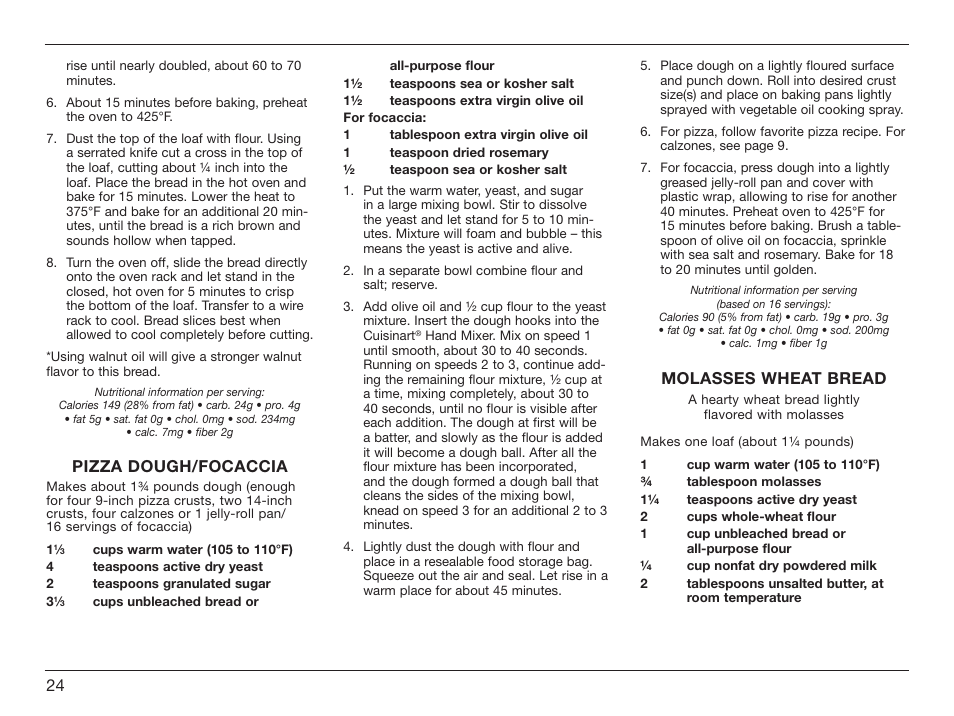 Pizza dough/focaccia, Molasses wheat bread | Cuisinart Power Advantage HM-90S User Manual | Page 24 / 33