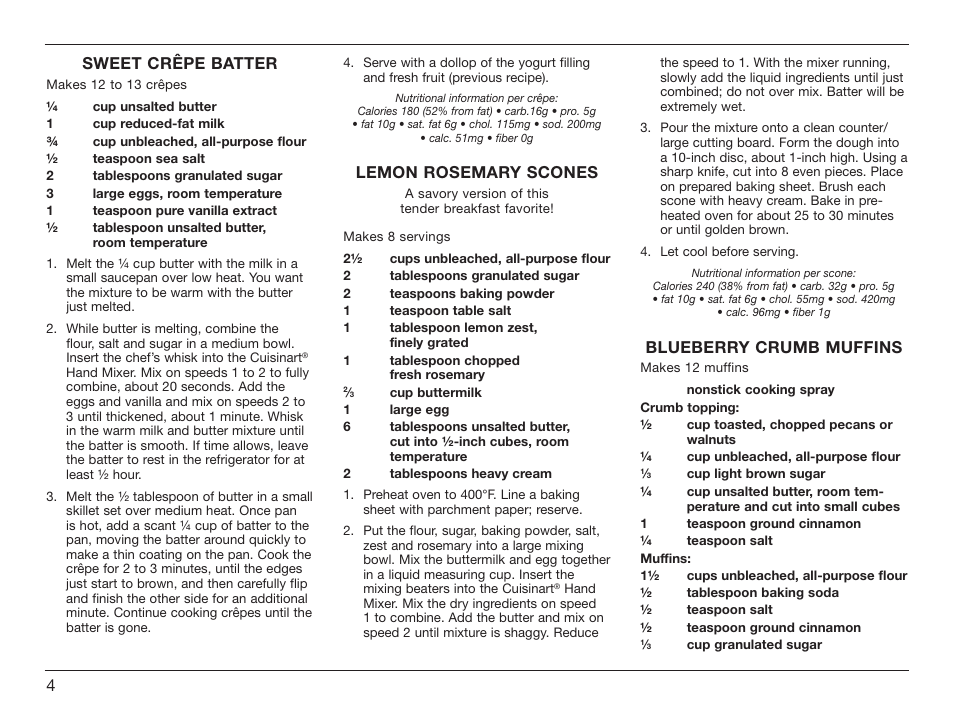 4sweet crêpe batter, Lemon rosemary scones, Blueberry crumb muffins | Cuisinart Power Advantage HM-90S User Manual | Page 4 / 33