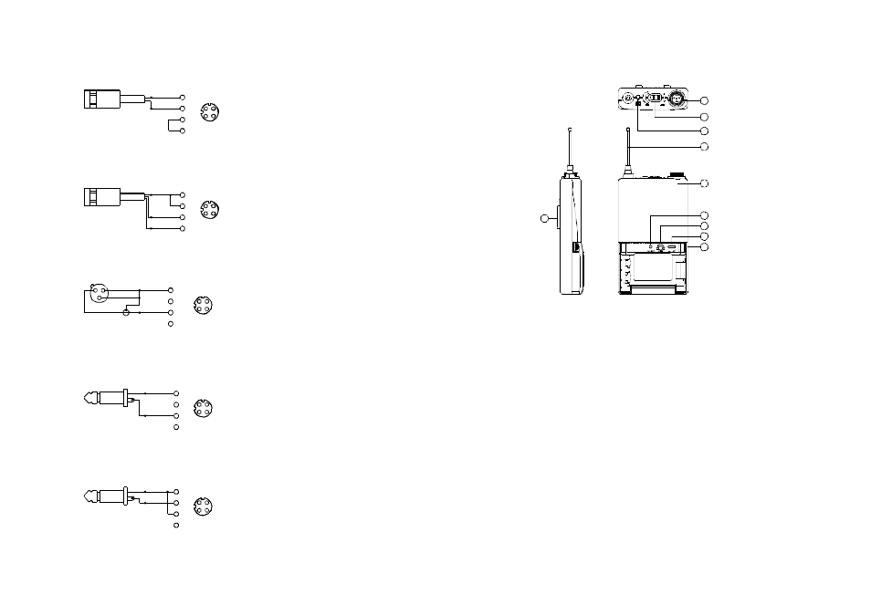 Belt pack transmitter, Xlr jack), 1) 2-wire electret condenser microphone capsule | 2) 3-wire electret condenser microphone capsule, 3) dynamic microphone, 4) electric guitar, 5) line-in (impedance 8k att. 10db) ω | MIPRO mr801(2ce126)a2 User Manual | Page 9 / 11