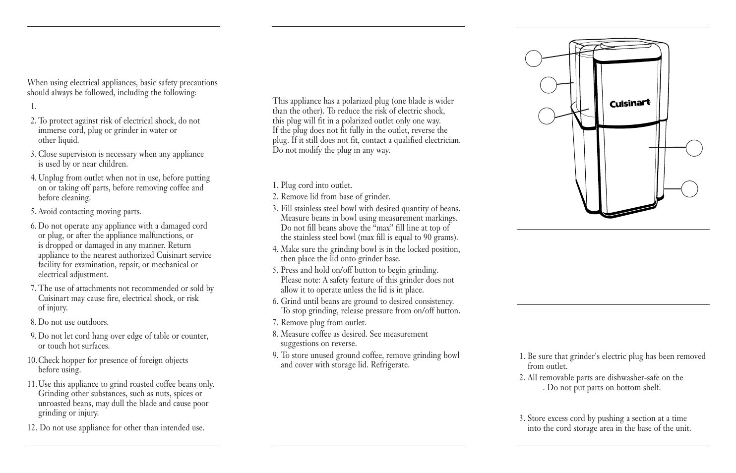Save these instructions, For household use only important safeguards, Operating instructions | Cleaning/storage instructions | Cuisinart DCG-12BC User Manual | Page 2 / 3