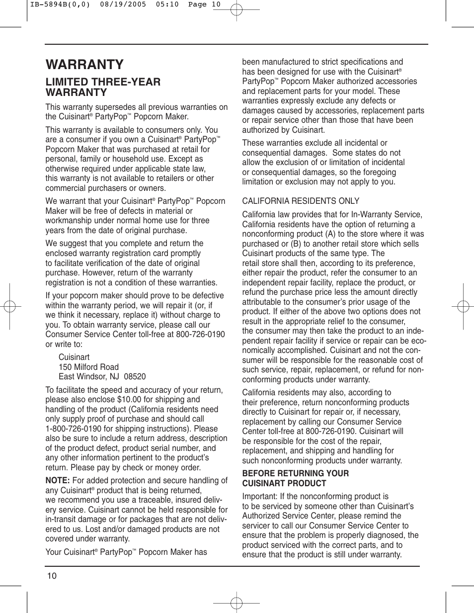 Warranty, Limited three-year warranty | Cuisinart CPM-800 User Manual | Page 10 / 13