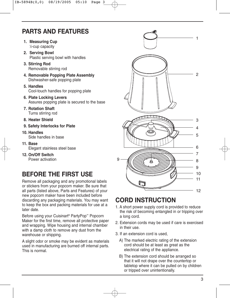 Parts and features, Before the first use, Cord instruction | Cuisinart CPM-800 User Manual | Page 3 / 13