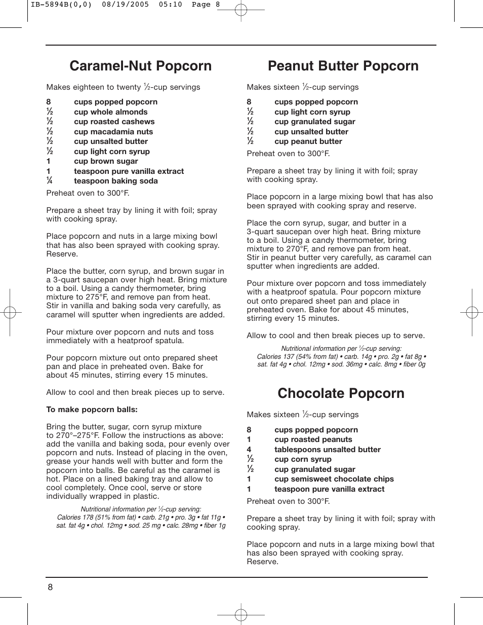 Caramel-nut popcorn, Peanut butter popcorn, Chocolate popcorn | Cuisinart CPM-800 User Manual | Page 8 / 13