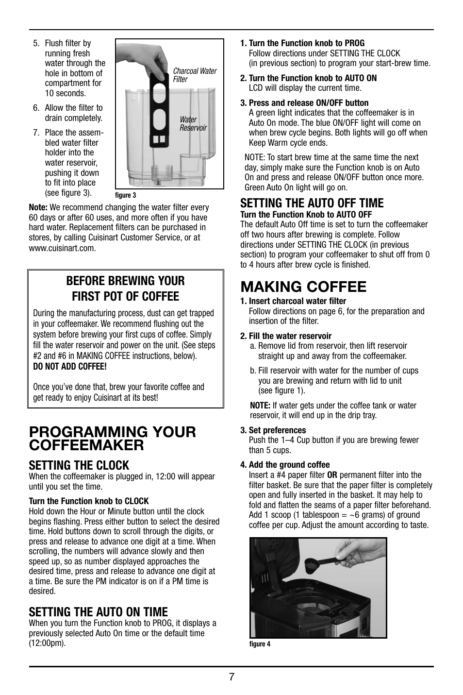 Programming your coffeemaker, Making coffee, Setting the clock | Setting the auto on time, Setting the auto off time, Before brewing your first pot of coffee | Cuisinart DCC-3000 User Manual | Page 8 / 12