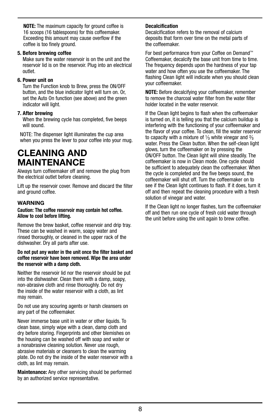 Cleaning and maintenance | Cuisinart DCC-3000 User Manual | Page 9 / 12