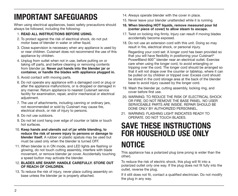 Important safeguards | Cuisinart PowerBlend 600 SPB-10 Series User Manual | Page 2 / 8