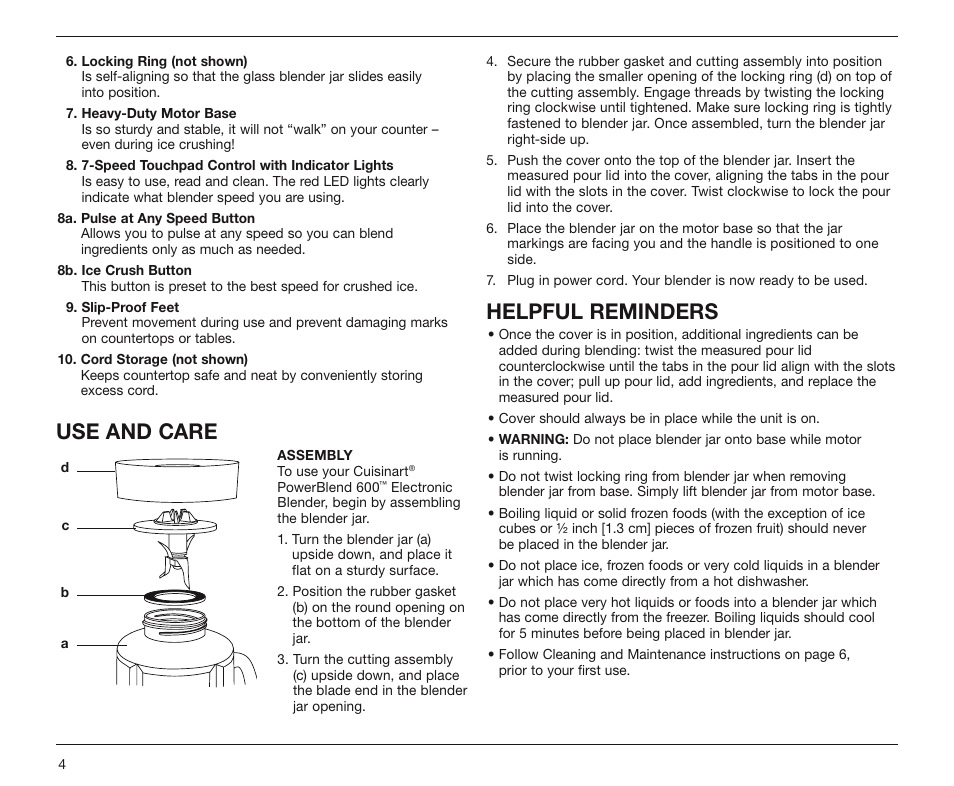 Use and care, Helpful reminders | Cuisinart PowerBlend 600 SPB-10 Series User Manual | Page 4 / 8