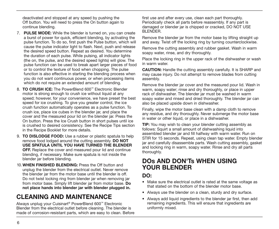 Cleaning and maintenance, Dos and don'ts when using your blender | Cuisinart PowerBlend 600 SPB-10 Series User Manual | Page 6 / 8