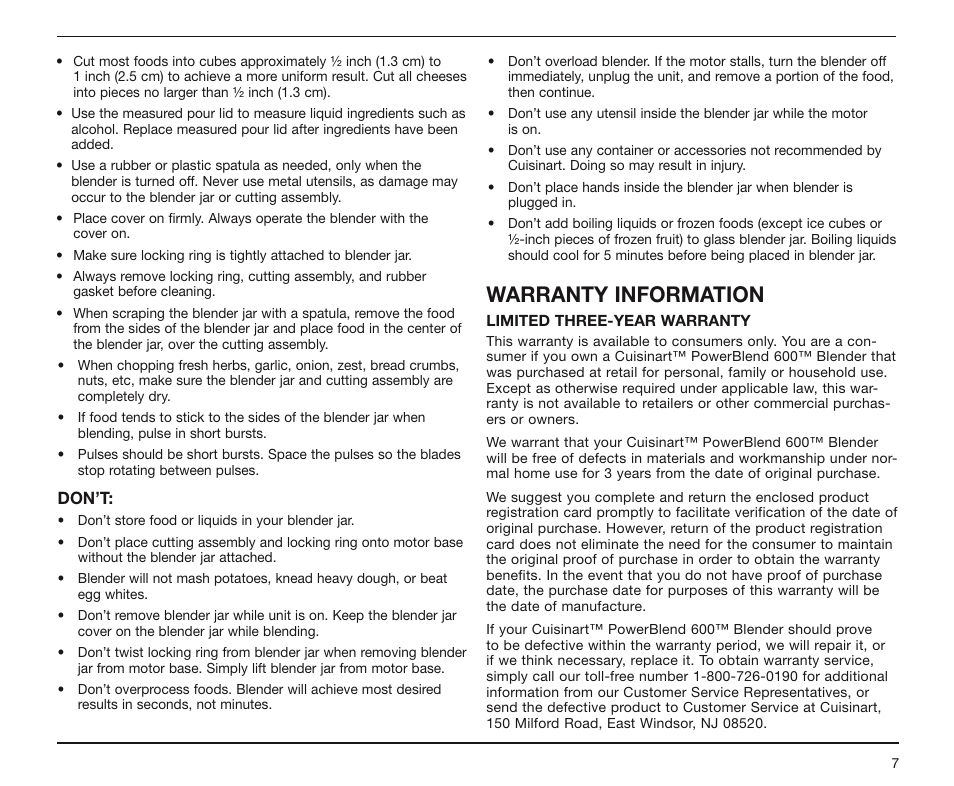Warranty information | Cuisinart PowerBlend 600 SPB-10 Series User Manual | Page 7 / 8