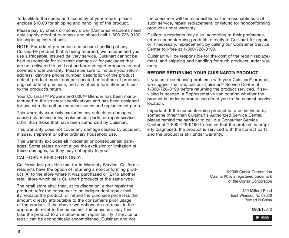 Cuisinart PowerBlend 600 SPB-10 Series User Manual | Page 8 / 8