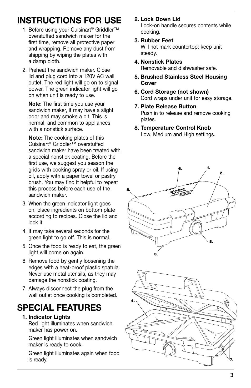 Instructions for use, Special features | Cuisinart GR-SM User Manual | Page 3 / 7