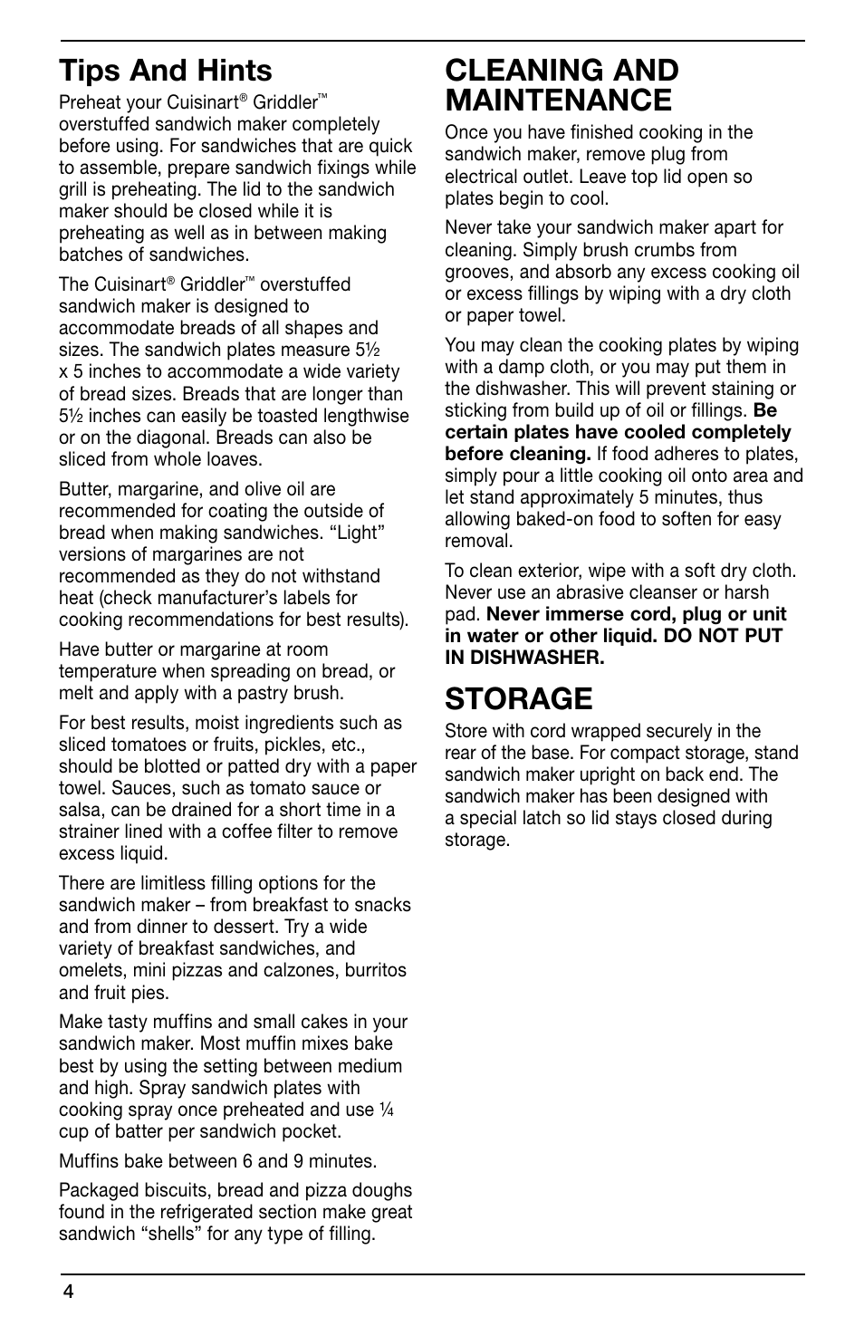 Tips and hints, Cleaning and maintenance, Storage | Cuisinart GR-SM User Manual | Page 4 / 7