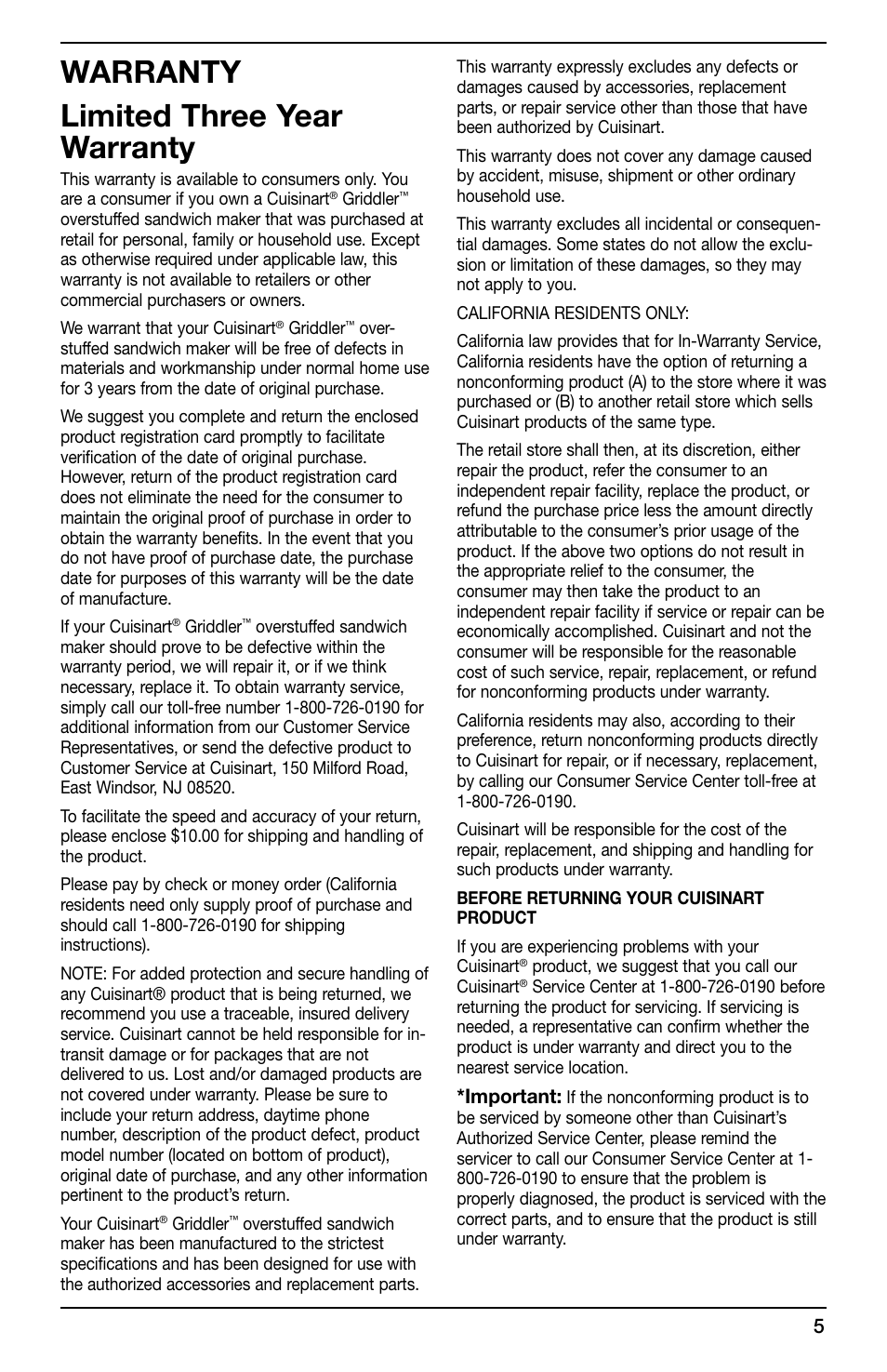 Warranty limited three year warranty | Cuisinart GR-SM User Manual | Page 5 / 7