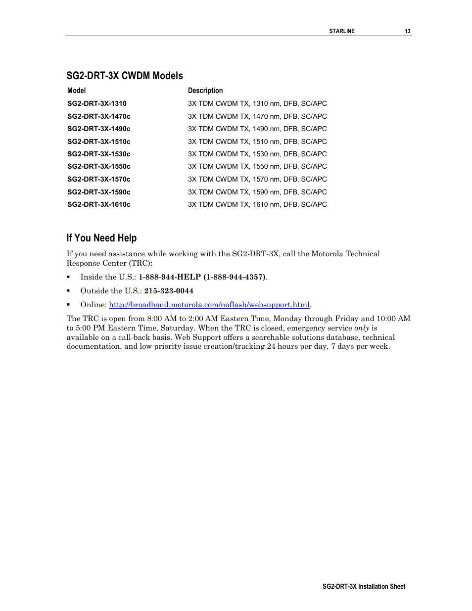 Sg2-drt-3x cwdm models, If you need help | Motorola SG2-DRT-3X User Manual | Page 13 / 16