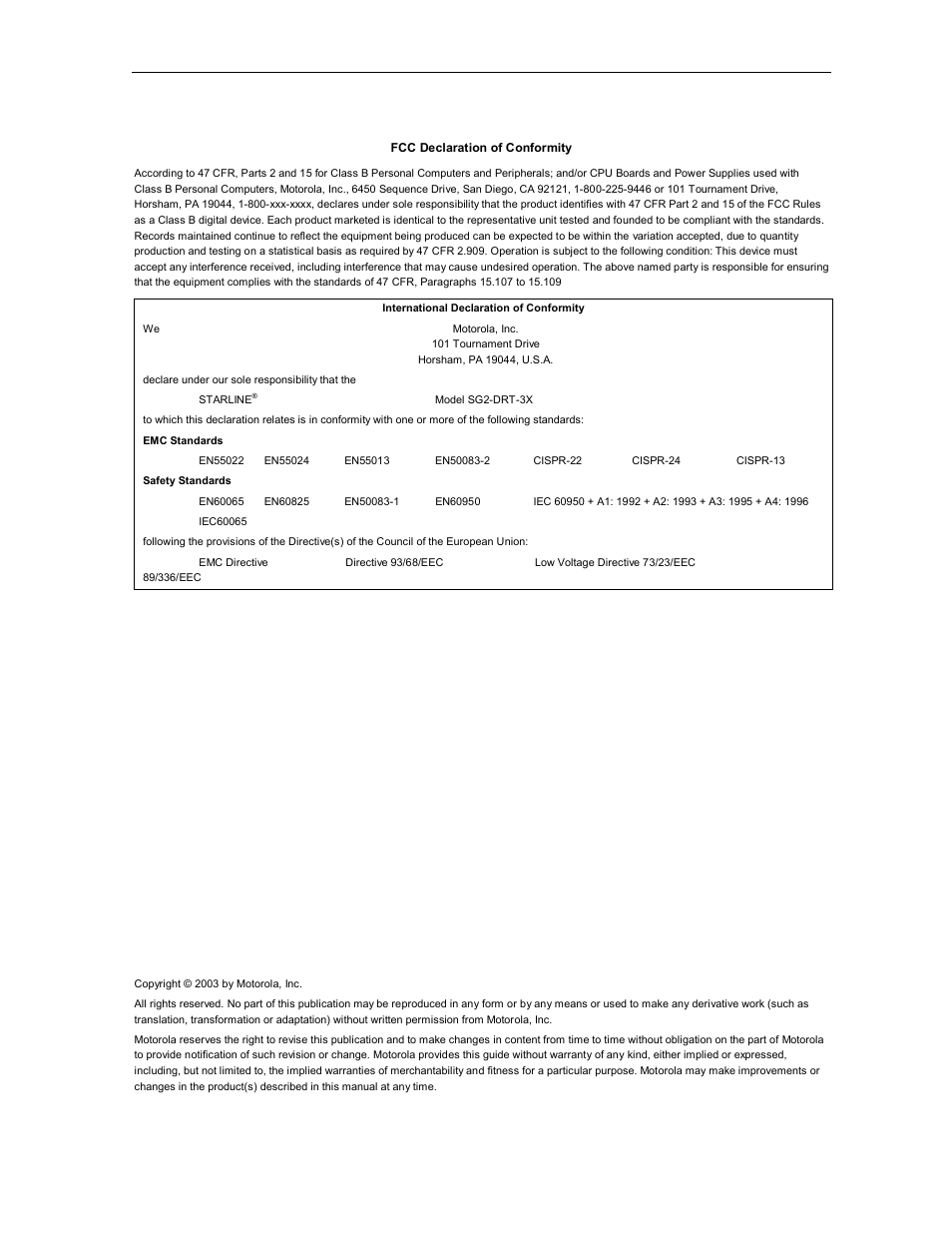 Declarations of conformity, Copyright | Motorola SG2-DRT-3X User Manual | Page 15 / 16