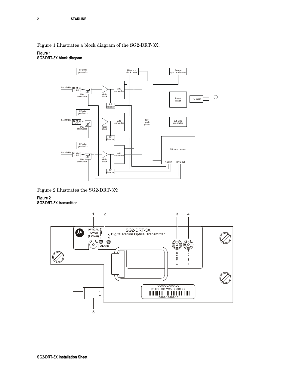 Figure 2 illustrates the sg2-drt-3x, Sg2-drt-3x installation sheet, Figure 1 sg2-drt-3x block diagram | Figure 2 sg2-drt-3x transmitter, Sg2-drt-3x, 2starline | Motorola SG2-DRT-3X User Manual | Page 2 / 16