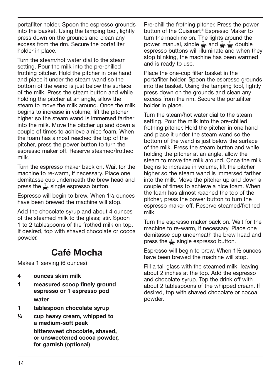 Café mocha | Cuisinart EM-200 User Manual | Page 14 / 20