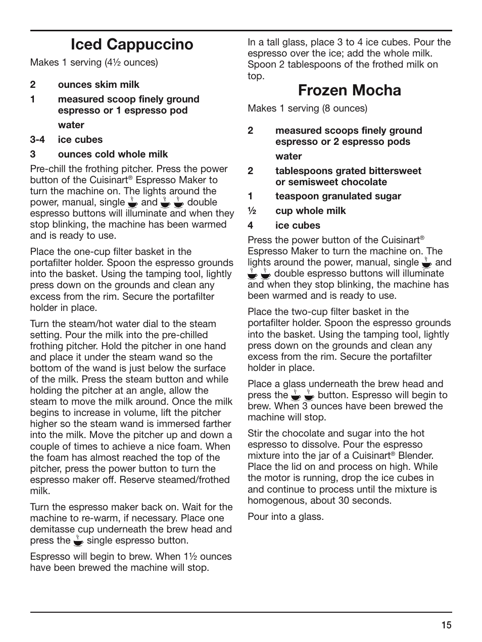 Iced cappuccino, Frozen mocha | Cuisinart EM-200 User Manual | Page 15 / 20