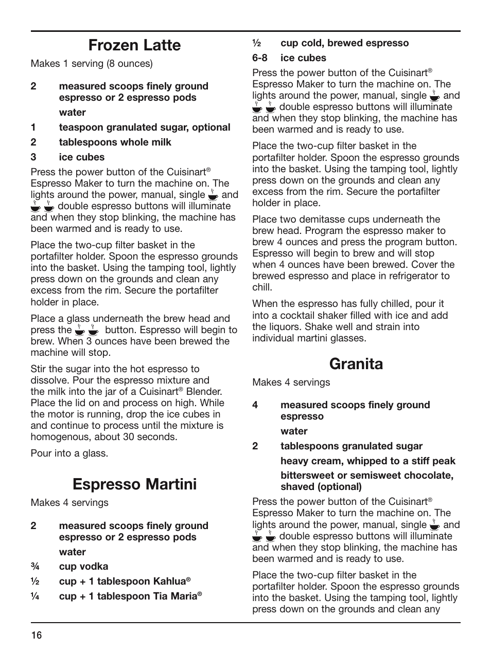 Frozen latte, Espresso martini, Granita | Cuisinart EM-200 User Manual | Page 16 / 20