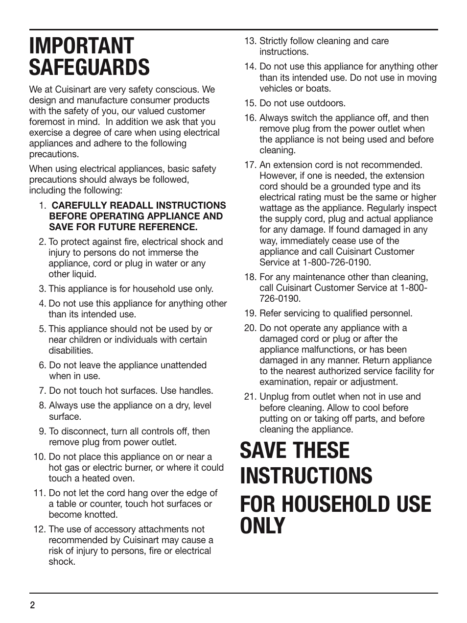 Important safeguards, Save these instructions for household use only | Cuisinart EM-200 User Manual | Page 2 / 20