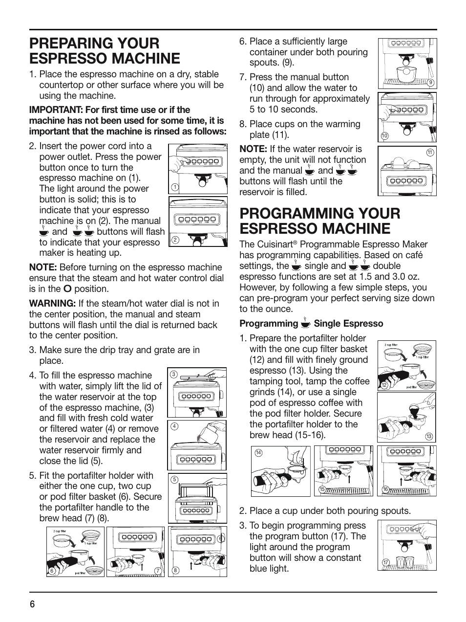 Preparing your espresso machine, Programming your espresso machine | Cuisinart EM-200 User Manual | Page 6 / 20