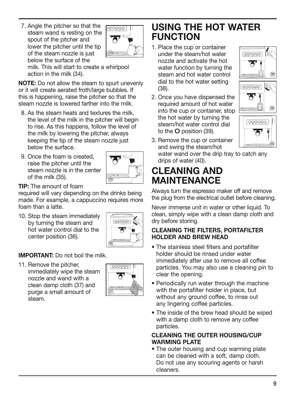 Using the hot water function, Cleaning and maintenance | Cuisinart EM-200 User Manual | Page 9 / 20