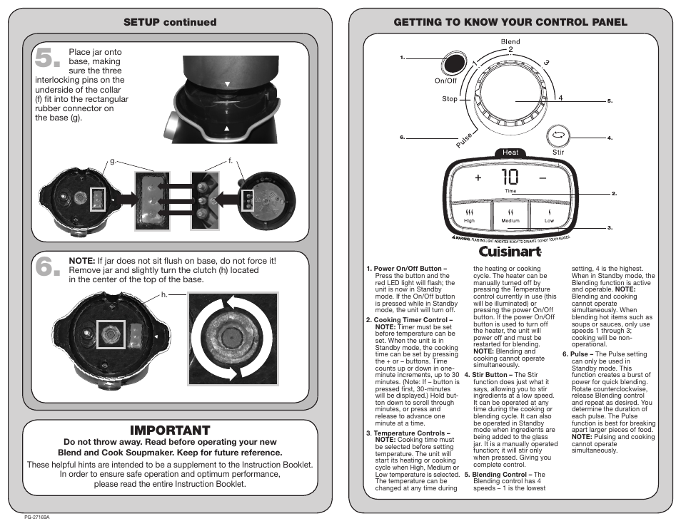 Important, Setup continued getting to know your control panel | Cuisinart SBC-1000 User Manual | Page 2 / 2