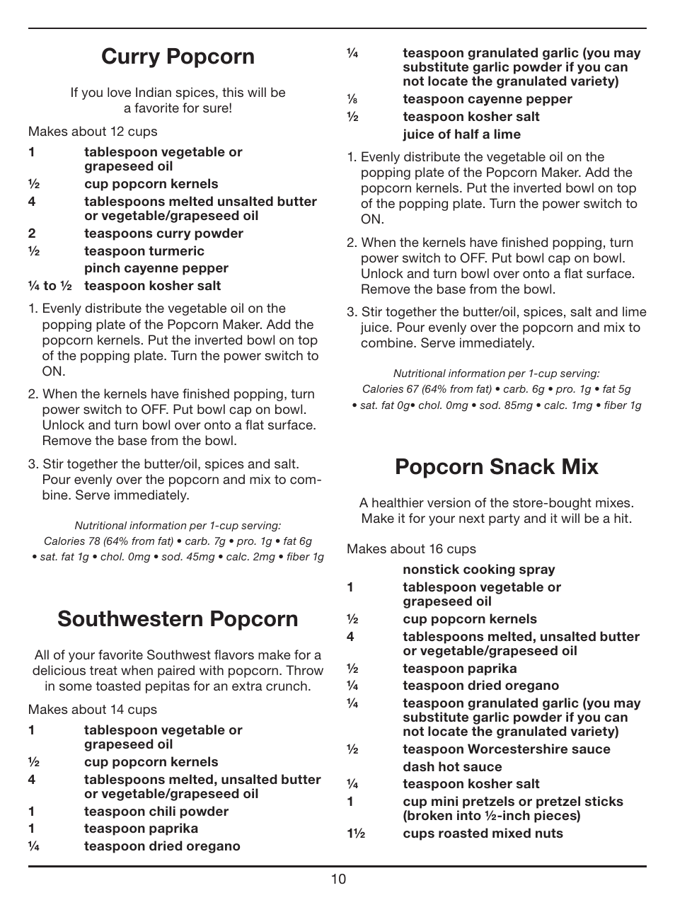 Curry popcorn, Southwestern popcorn, Popcorn snack mix | Cuisinart EasyPop Popcorn Maker CPM-700 Series User Manual | Page 10 / 17