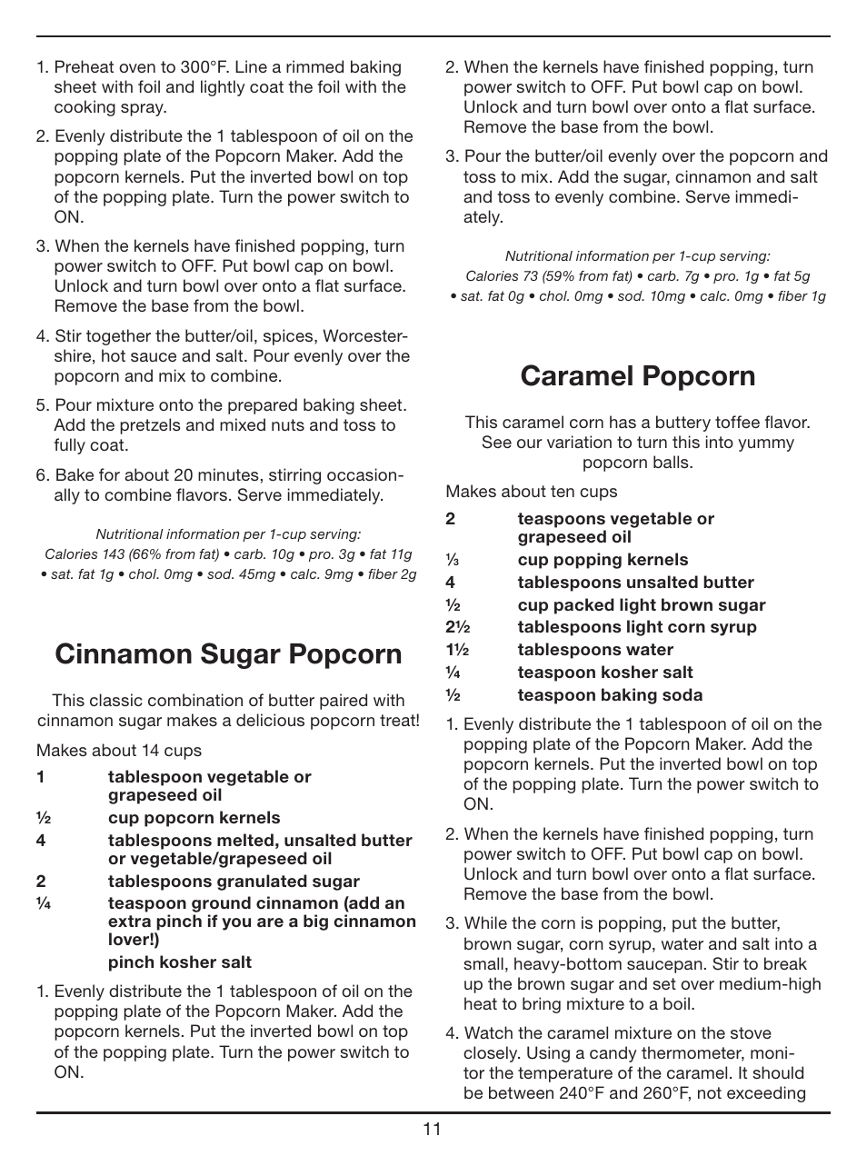 Cinnamon sugar popcorn, Caramel popcorn | Cuisinart EasyPop Popcorn Maker CPM-700 Series User Manual | Page 11 / 17